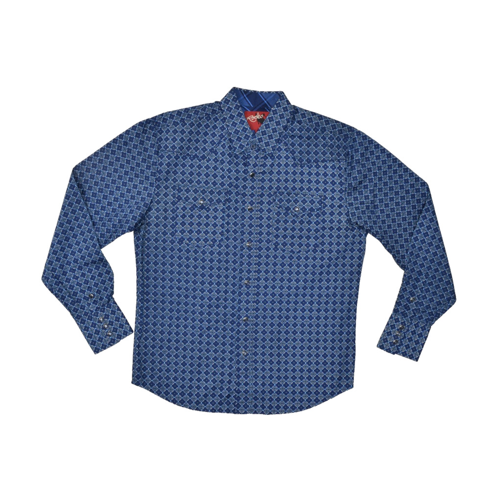 Rodeo Men's Pearl Snap Button Down Shirt Blue Geometric Shirt Size L Western